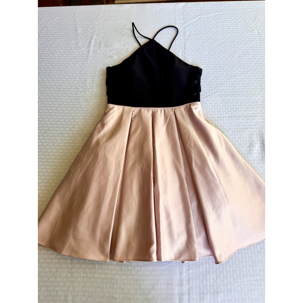 Blondie Nites by Stacy Sklar Pink Satin Black Halter Skater Dress 7 Summer Party